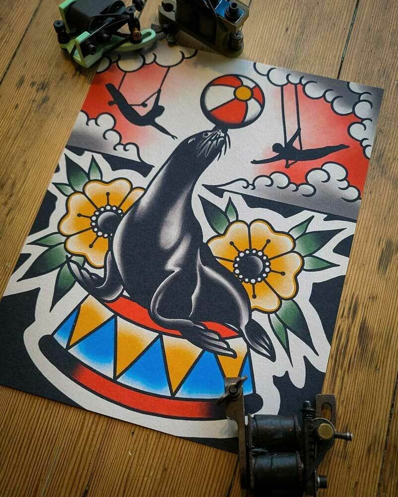 Circus Seal Tattoo Flash Print