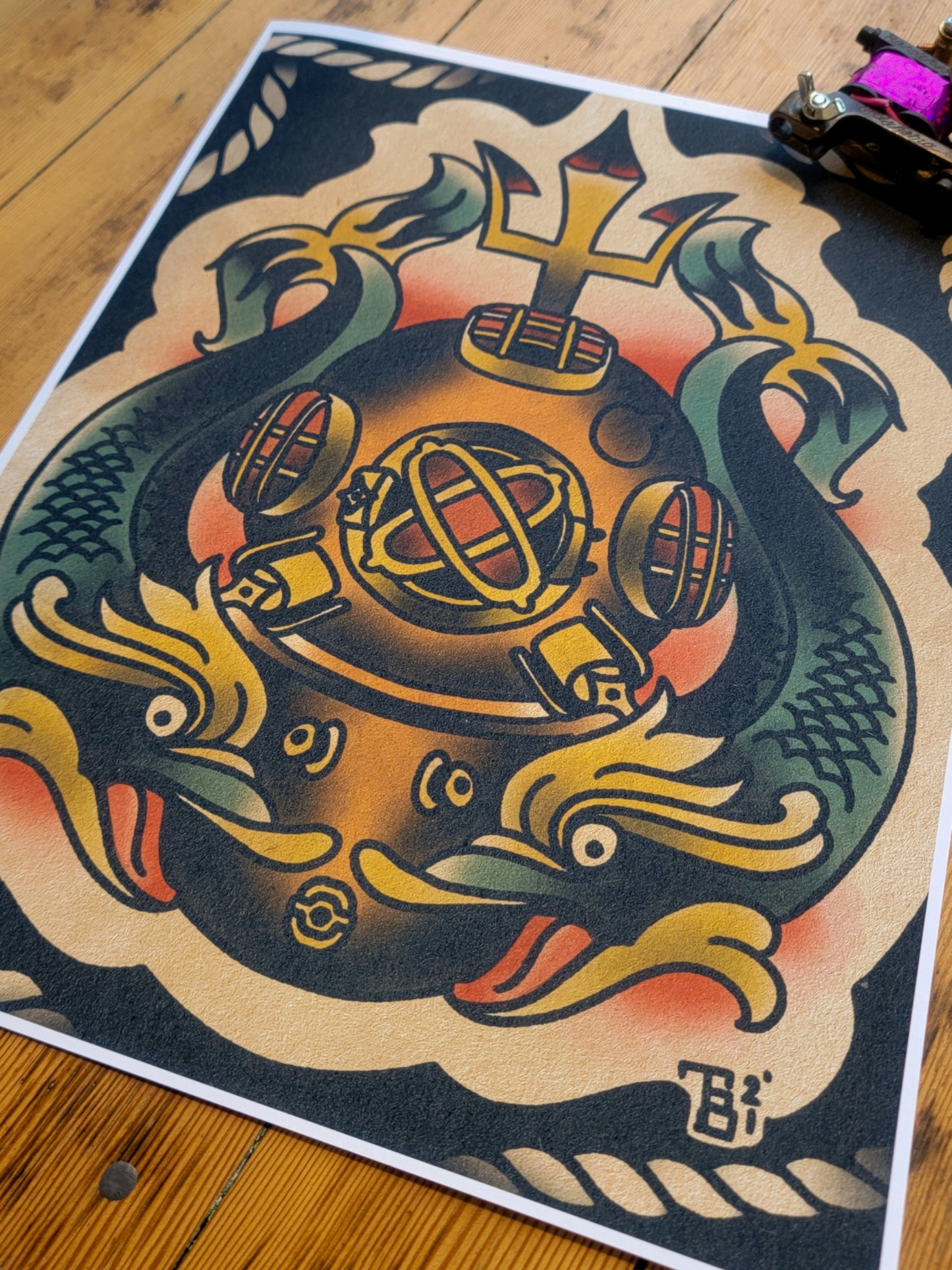 Diver Helmet Tattoo Flash Print