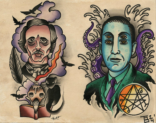 Edgar Allan Poe and H.P. Lovecraft Tattoo Flash Print