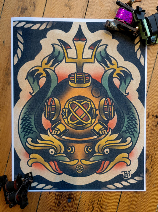 Diver Helmet Tattoo Flash Print